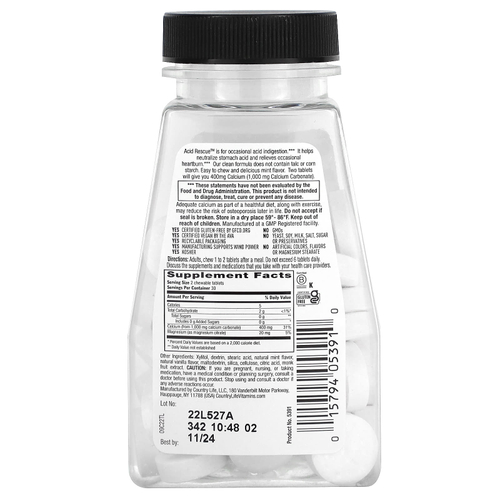 Country Life, Acid Rescue, карбонат кальция, мята, 60 жевательных таблеток