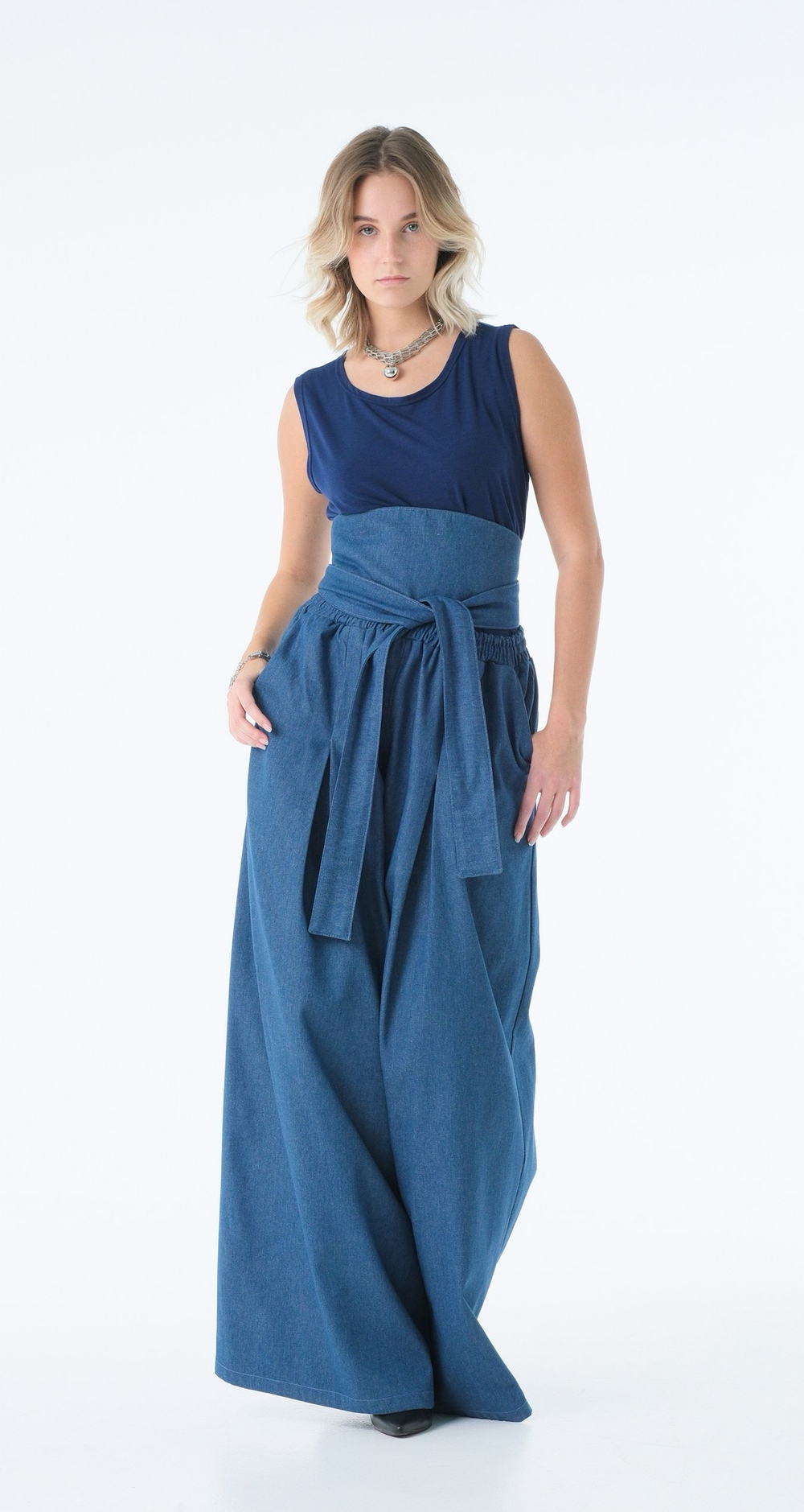 Юбки -брюки /джинс /синий( кушак продается отдельно )