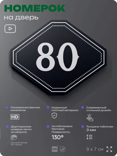 Номерок на дверь квартиры 80, для кабинета, офиса, шильдик 9 х 7 см, черный, Айдентика Технолоджи