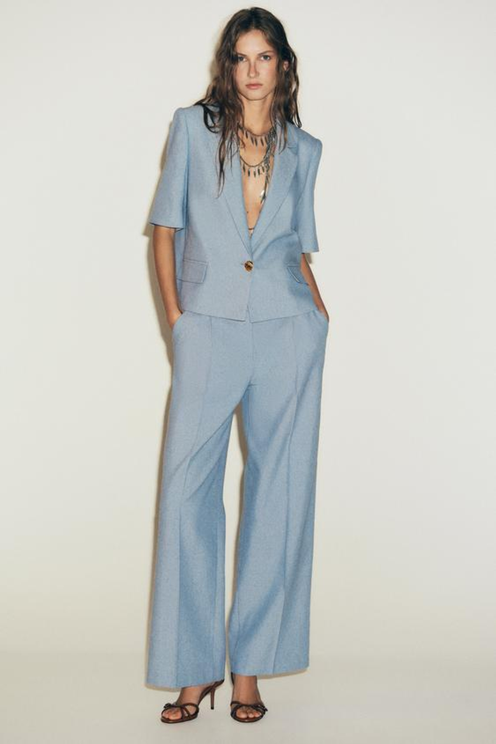 ZARA ПРЯМЫЕ БРЮКИ С ЗАЩИПАМИ, СИНИЙ