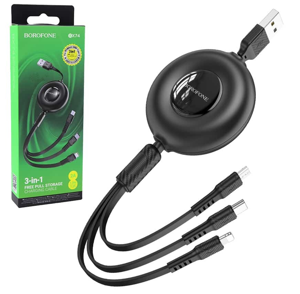 Кабель USB BOROFONE BX74 3 в 1 для iPhone/Micro/Type C (черный) 1m