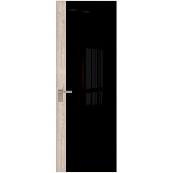Алюминиевая дверь 6AGК кромка никель матовый стекло чёрный лак вставка дуб сонома
