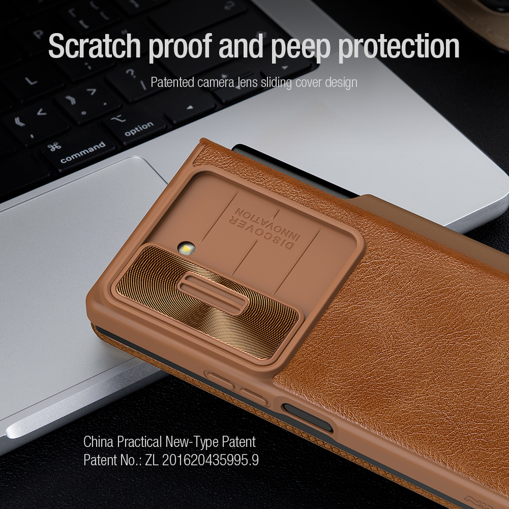 Кожаный чехол книжка коричневого цвета (British Brown) от Nillkin для Samsung Galaxy Z Fold 6, серия Qin Pro Leather с защитной шторкой для камеры