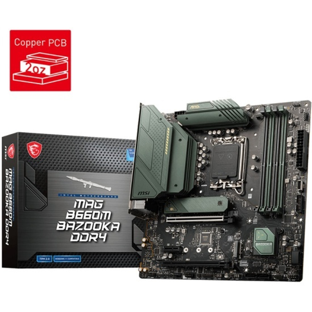Материнская плата MSI MAG B660M BAZOOKA DDR4 Socket 1700, Intel B660, 4xDDR4, PCI-E 4.0, 2500 Мбит/с, 2xUSB 3.2 Gen1, 2xUSB 3.2 Gen2, HDMI, DisplayPort, mATX
