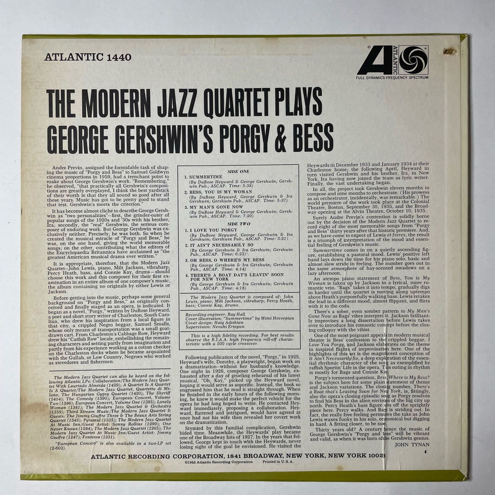 Винтажная виниловая пластинка LP The Modern Jazz Quartet Plays George Gershwin Porgy and Bess (USA 1965)