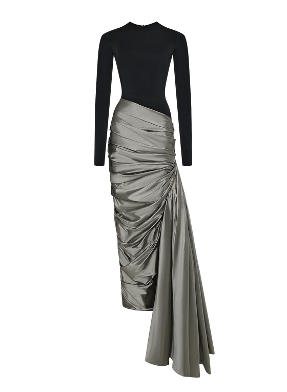 Платье макси из шёлка и бифлекса с боковым шлейфом