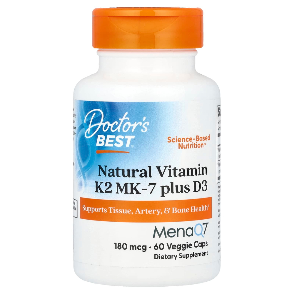 Doctor's Best, Натуральный витамин K2 MK-7 плюс D3, 180 мкг, 60 растительных капсул