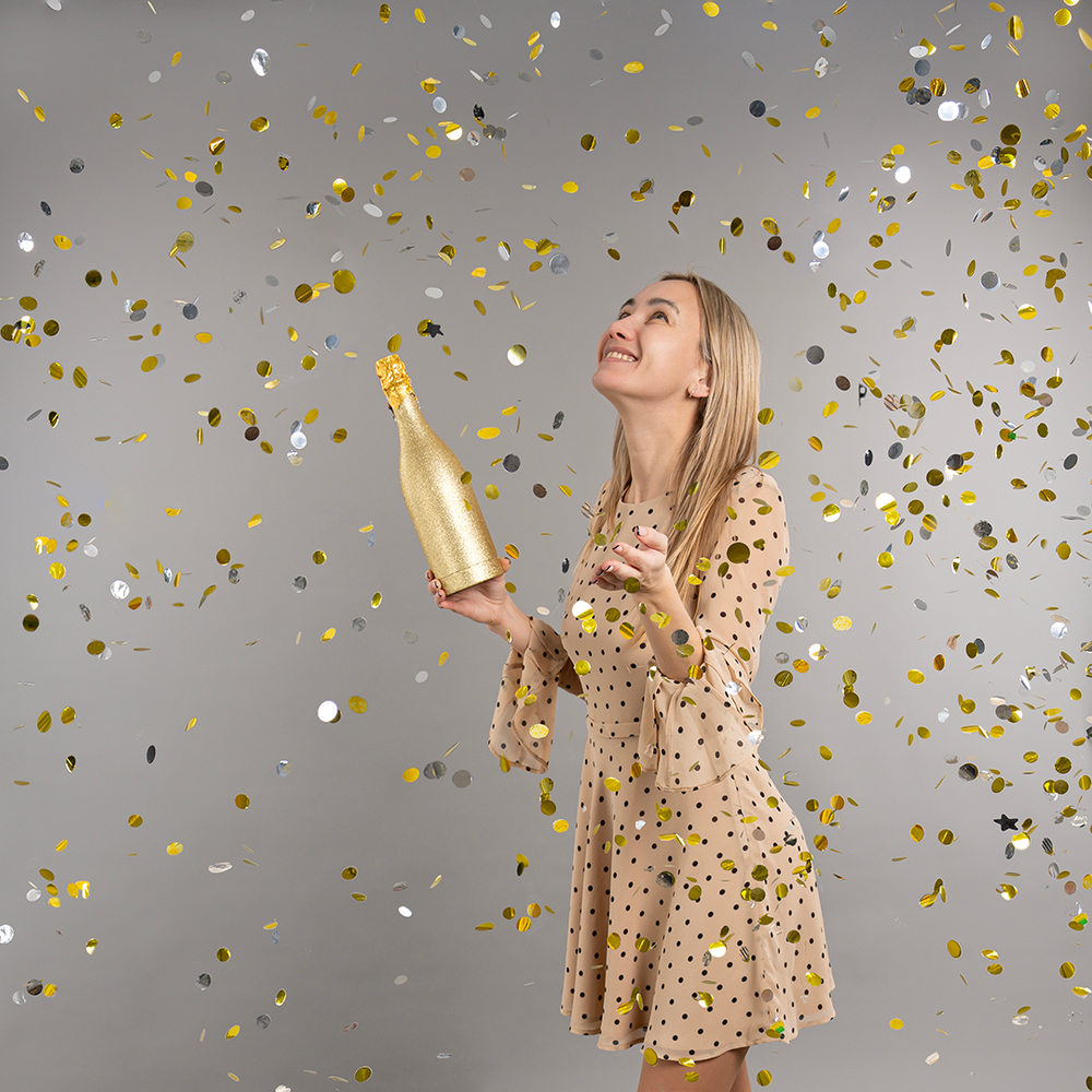 Пневмохлопушка (12/30 см), Бутылка Шампанское, Круги фольга, Золото/Серебро, Металлик