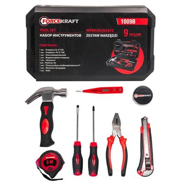 Набор инструментов 9пр.(отвертки:SL6мм,РН2,нож,индикатор.-я отвертка,изолента,рулетка 3м,плоскогубцы,молоток) FORCEKRAFT FK-1009B