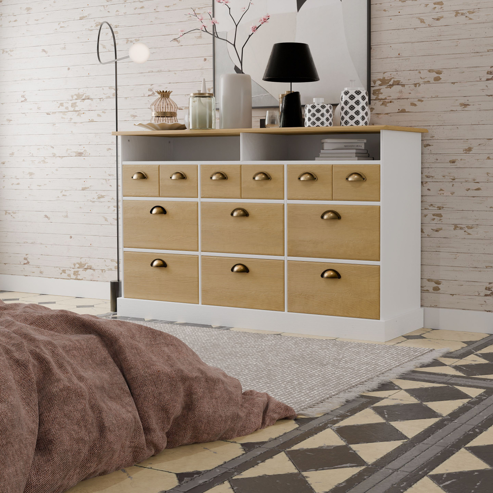 Комод деревянный Тэа 139х38х84 см с ящиками и полкой Тэа из массива сосны, 9 ящиков / белый, бейц