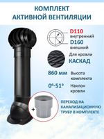 Комплект активной вентиляции: Вентиляционный выход D160 мм не утепленный высота H=700 мм, проходной элемент ТР-87/К для скатной кровли металлочерепицы Каскад, турбодефлектор Ø 160 мм, переход на канализационную трубу D110 с вентиляционного выхода 125/160 без уплотнения, коричневый