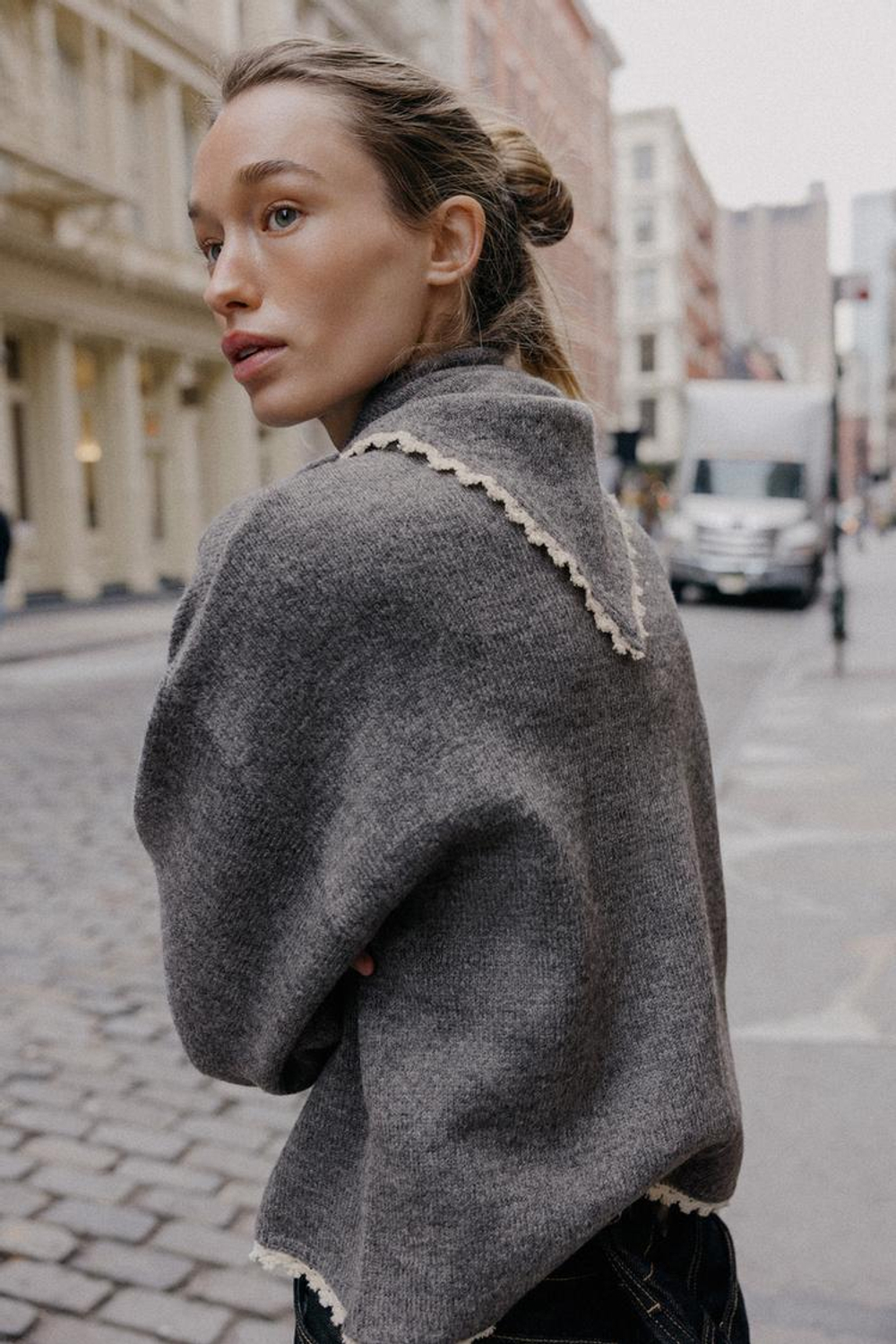 ZARA КАРДИГАН С БАНДАНОЙ И КРУЖЕВОМ, СЕРЫЙ МЕЛАНЖ