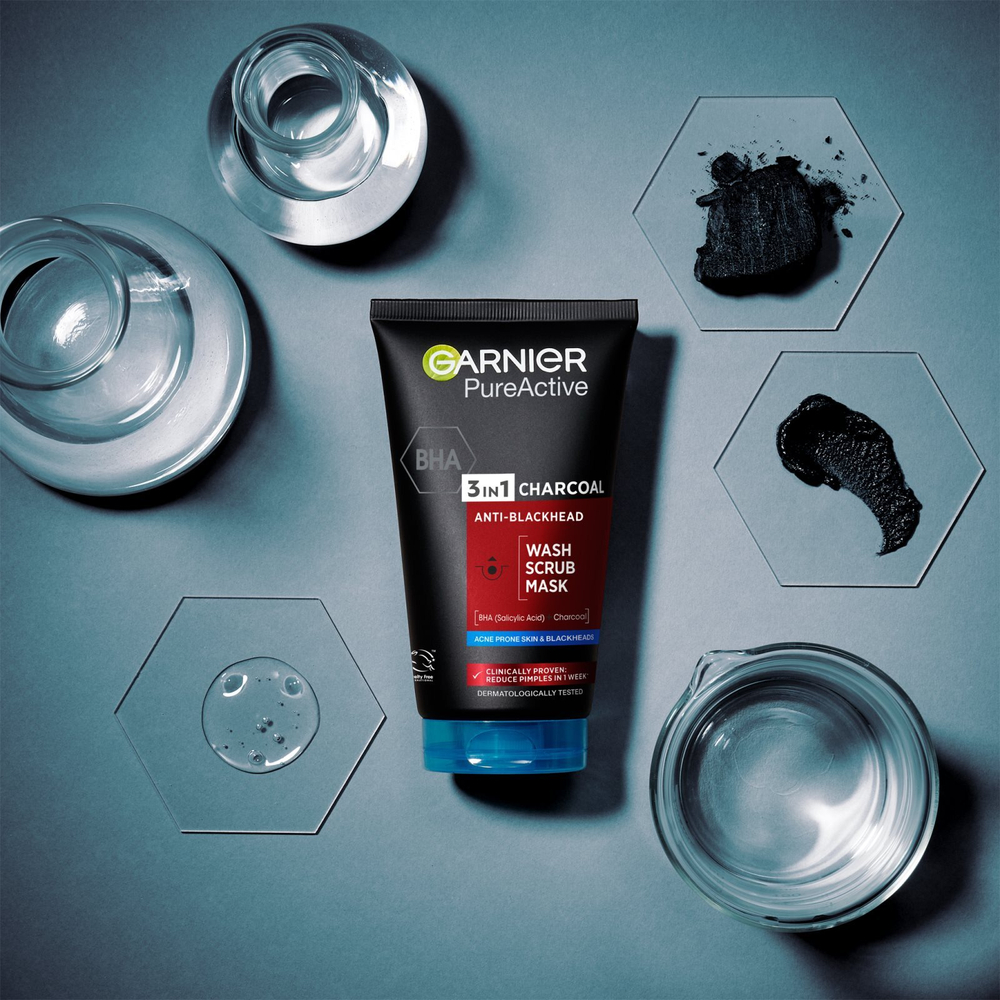 Garnier Pure Active - черная маска для лица против черных точек и прыщей с активированным углем 3в1 /   150  ml  / GTIN 3600542084437