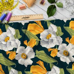 Ткань шелк Армани крупные белые петуньи и жёлтые ирисы на чёрном фоне