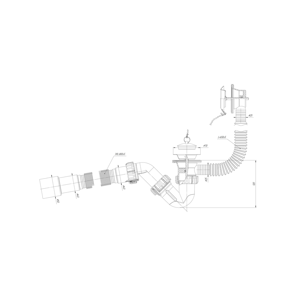 Обвязка на ванну 1 1/2*40 с гофрой 40*40*50 (800мм) с вып. и переливом SB0180 ИНКОПЛАСТ