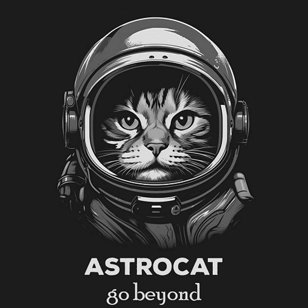принт PewPewCat Astrocat Go beyond серый для черной футболке