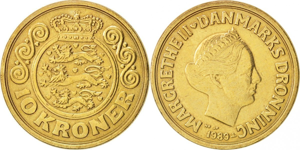 Дания 10 крон, 1989-1993 Королева Маргрете II XF