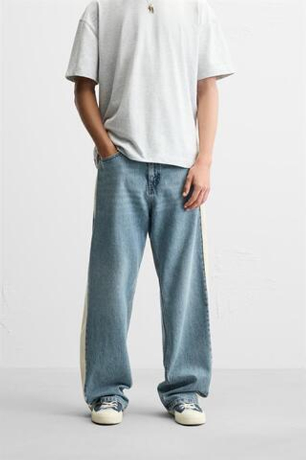 ZARA ДЖИНСЫ BAGGY С ЛАМПАСАМИ, ГОЛУБОЙ