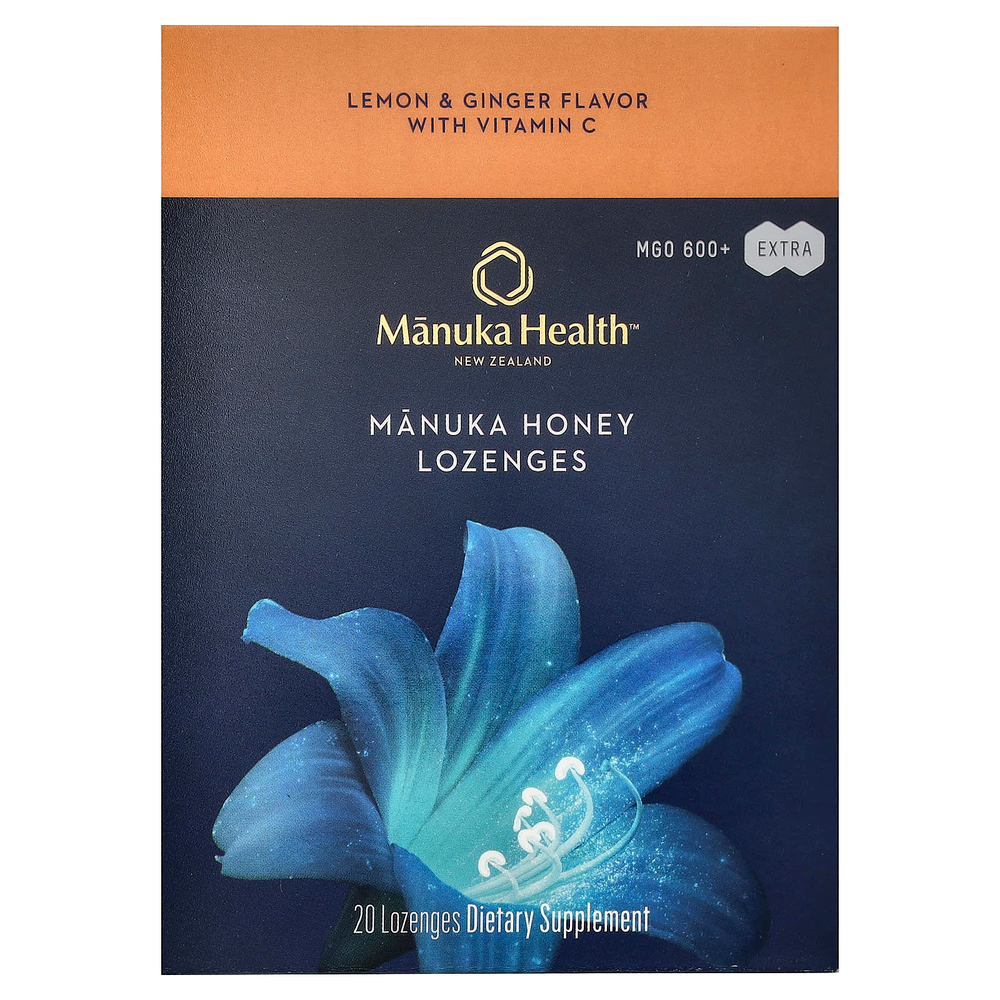 Manuka Health, леденцы с медом манука, лимон и имбирь, MGO 600+, 20 леденцов