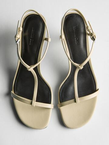 Massimo Dutti Босоножки на среднем каблуке с ремешками, кремовый