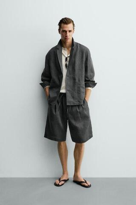 ZARA БЕРМУДЫ ИЗ 100% ЛЬНА С ЗАЩИПАМИ, СВИНЦОВЫЙ