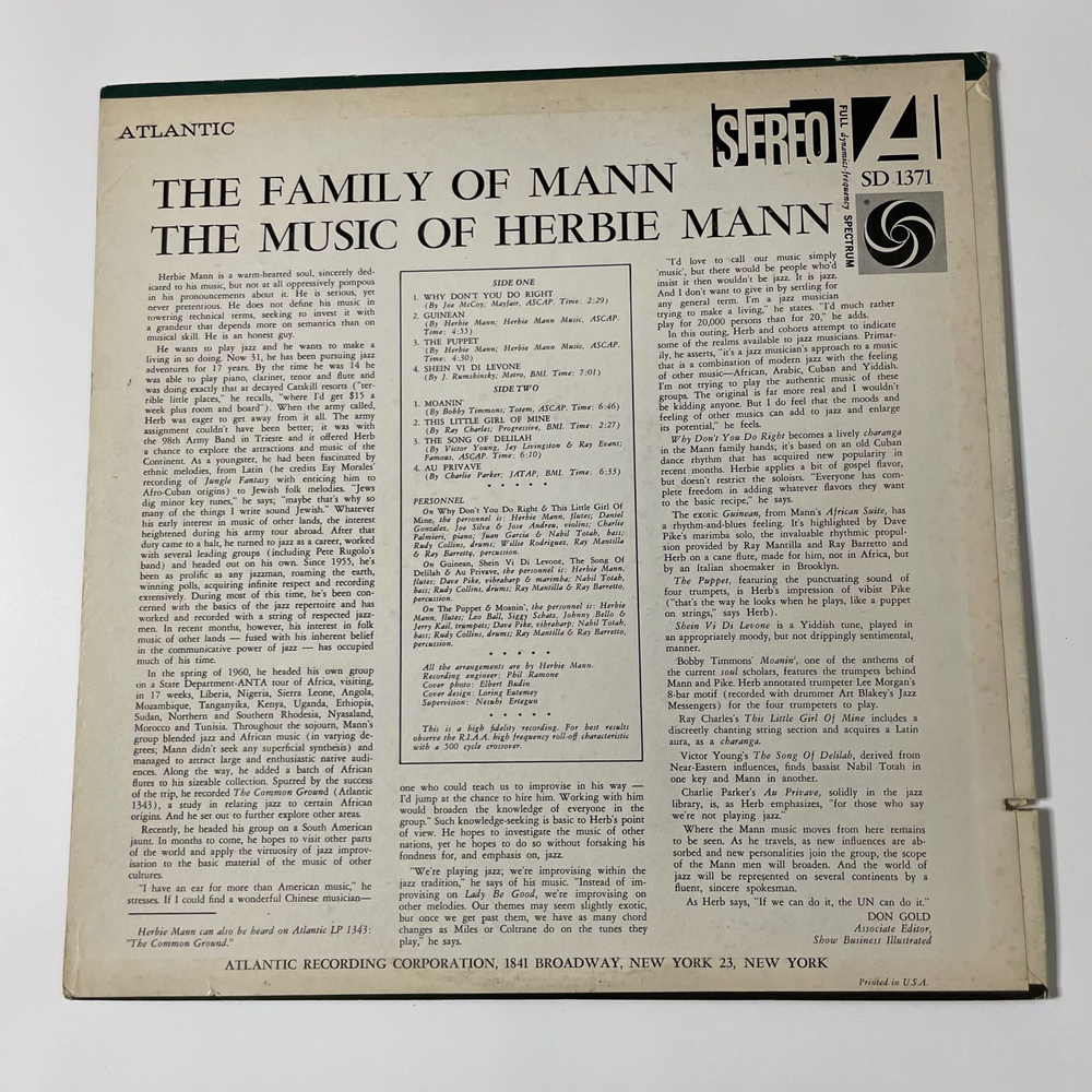 Винтажная виниловая пластинка LP Herbie Mann, The Family Of Mann (The Music Of Herbie Mann) (США 1968)