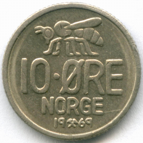 10 эре 1969 год. Норвегия (Улаф V). Пчела. Медно-никель, диаметр 15 мм. XF