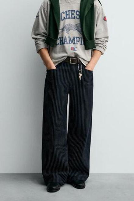 ZARA X CHAMPION ® ДЖИНСЫ BAGGY FIT В ПОЛОСКУ, СИНИЙ