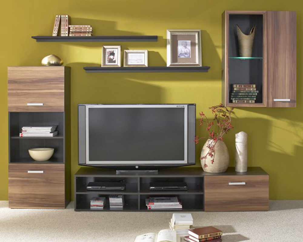 Гостиная Фарго Орех 0729 / Черный 0190 246*43*182 см, Орех, Черный   Фиеста