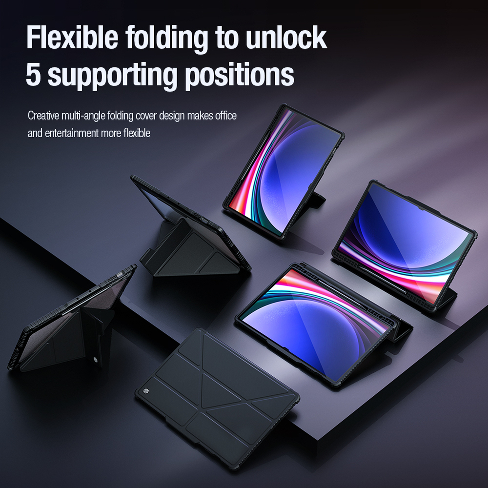 Чехол книжка синего цвета от Nillkin для планшета Samsung Galaxy Tab S9 Ultra и Tab S10 Ultra, серия Bumper Pro Case-Multi Angle Folding Style, с защитной шторкой для камеры