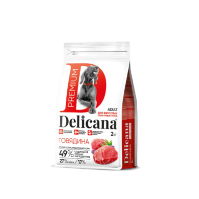 Cухой полнорационный корм для взрослых собак средних пород говядина Delicana 2кг