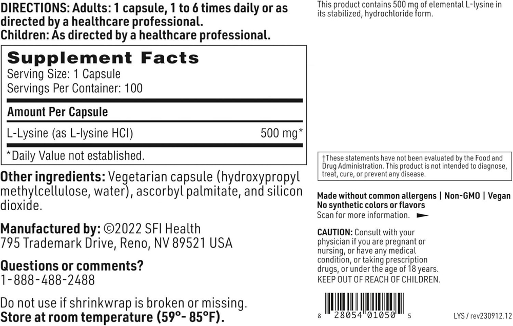 Klaire Labs - Lysine 500 mg 100 capsules