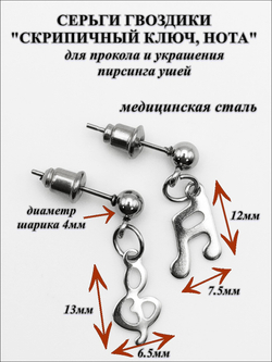 Пусеты "Скрипичный ключ, нота" для пирсинга ушей, медсталь.