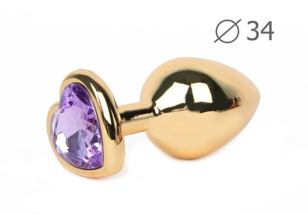 Каплевидная гладкая золотистая анальная втулка с кристаллом-сердечком сиреневого цвета - 8 см. (Цвет: сиреневый)