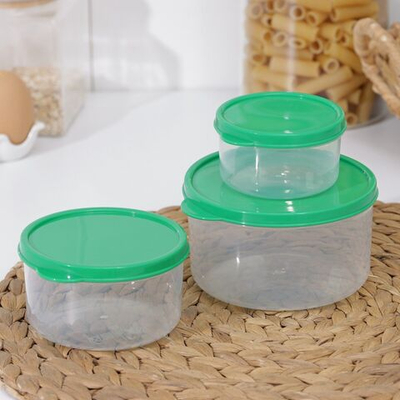 Набор из 3 пищевых круглых контейнеров с зелеными крышками (Цвет: не задано)