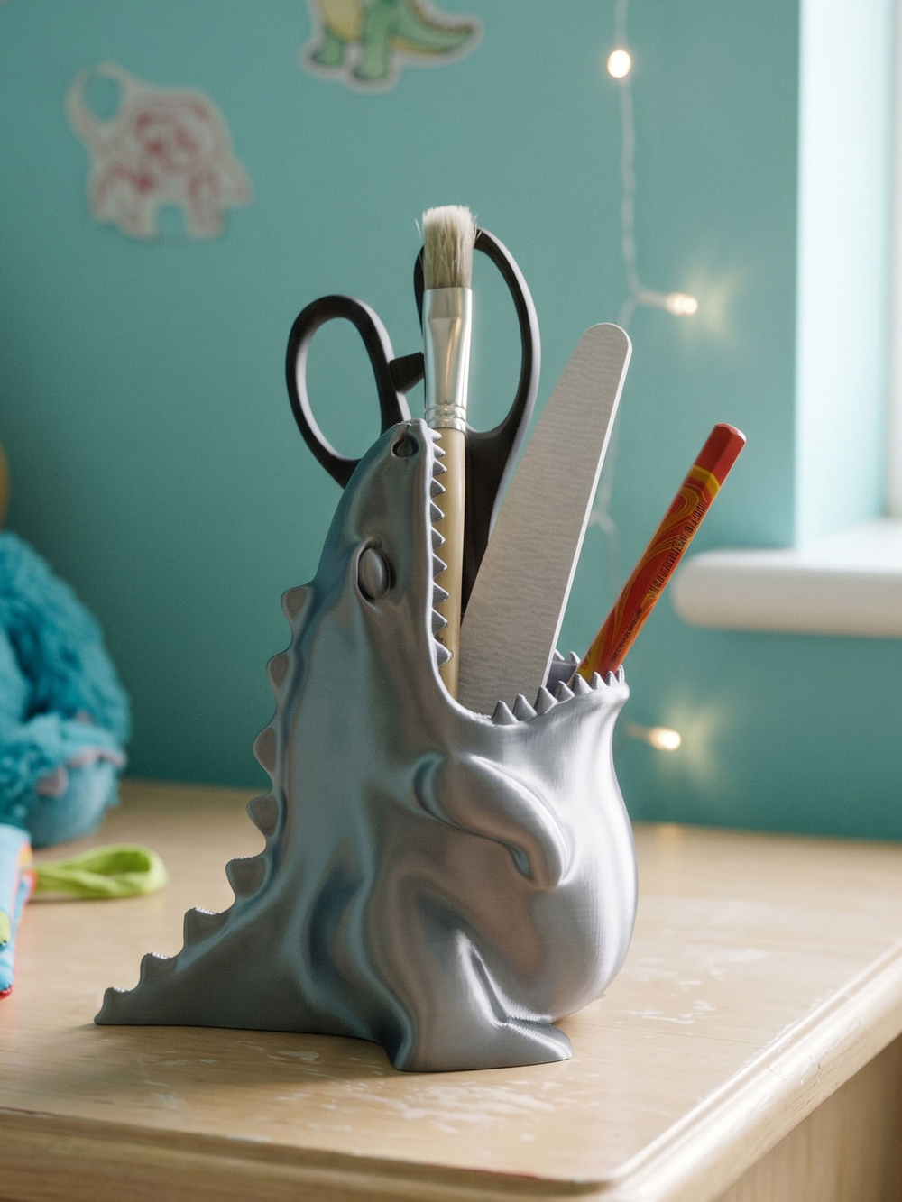 Подставка для карандашей голодный Динозаврик, серебристый, 3D печать