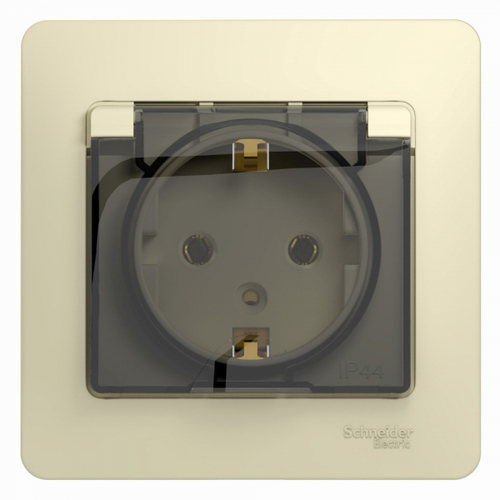 Schneider Electric Glossa Бежевый Розетка с заземляющими контактами со шторками с крышкой IP20, в сборе с рамкой IP20 скрытая установка GSL000246