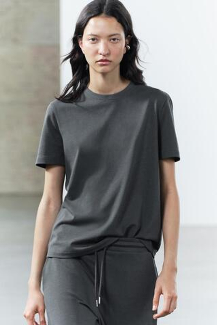 ZARA ФУТБОЛКА ИЗ ПЛОТНОГО ХЛОПКА, УГОЛЬНЫЙ