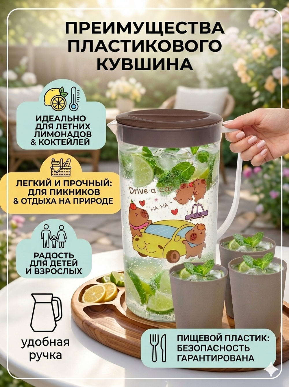 Кувшин пластиковый 1.7л «Капибара» в наборе с 4-мя стаканами 200мл