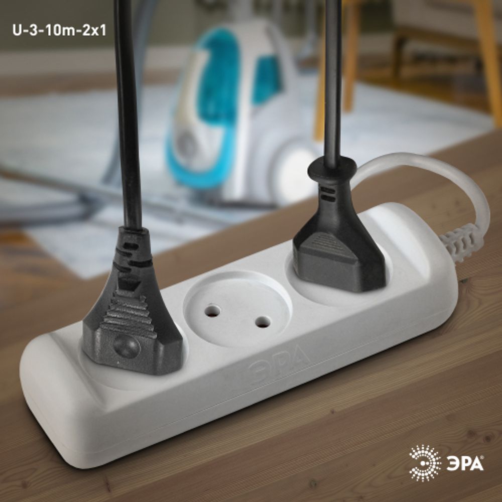 Удлинитель электрический ЭРА U-3-10m-2x1 без заземления 3 розетки 10м ПВС 2x1мм2 10А