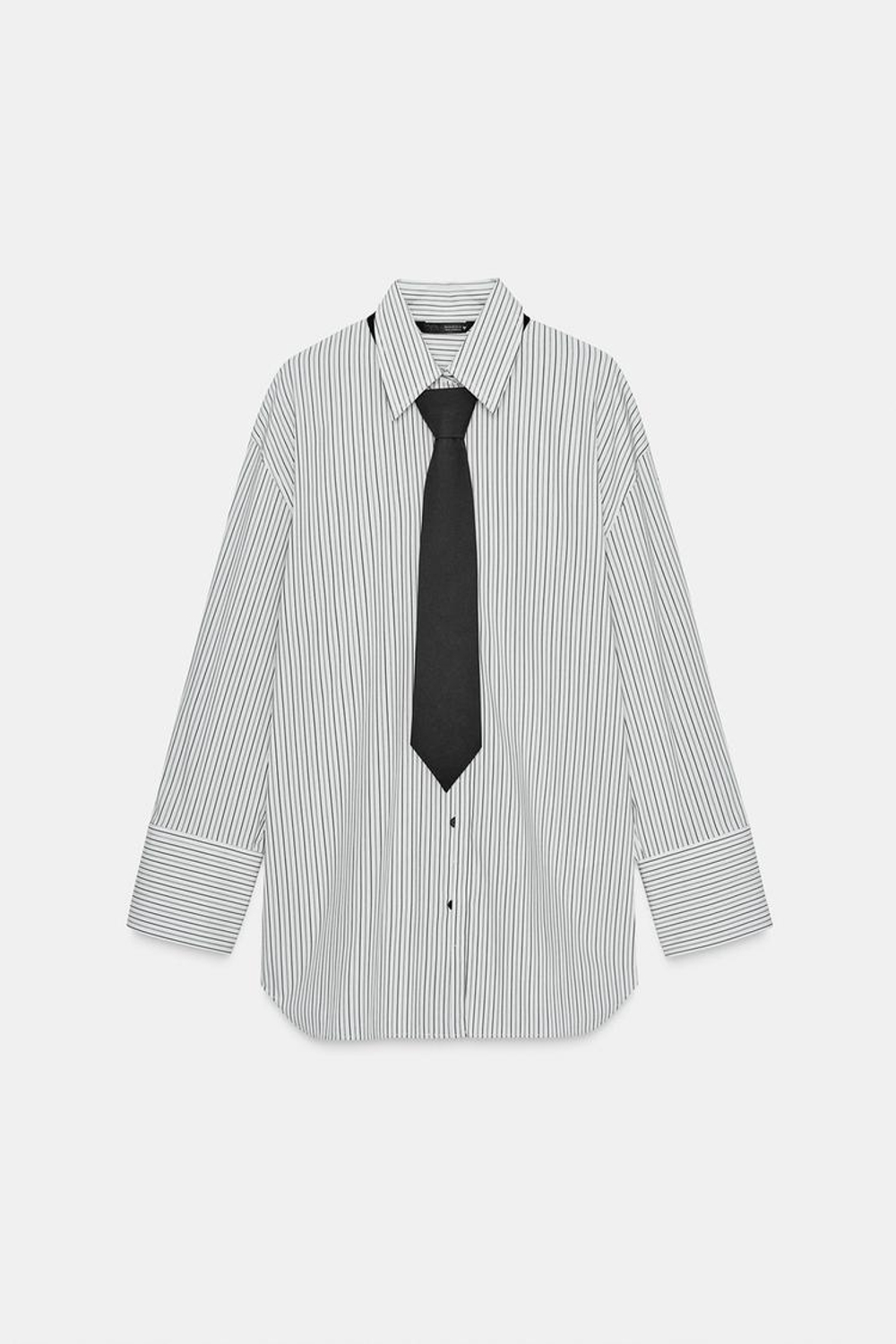 ZARA РУБАШКА ИЗ ПОПЛИНА С ГАЛСТУКОМ, ЧЕРНЫЙ/БЕЛЫЙ