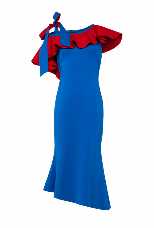 Платье сине-красное трикотажное с воланом 04-02-21SS