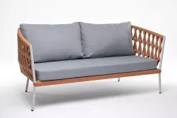 "Диего" диван 2-местный плетеный из роупа, каркас алюминий светло-серый (RAL7035) муар, роуп оранжевый меланж круглый, ткань светло-серая