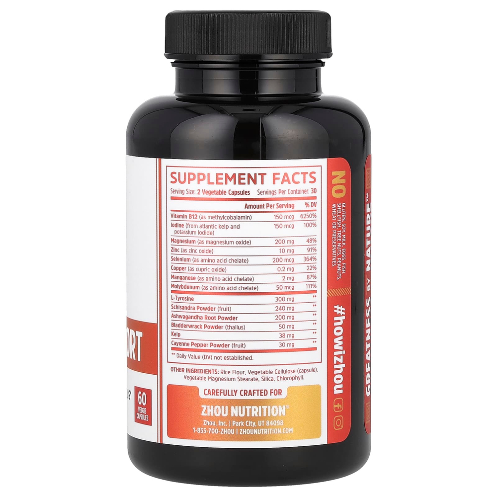Zhou Nutrition, Поддержка щитовидной железы, содержит йод, 60 вегетарианских капсул