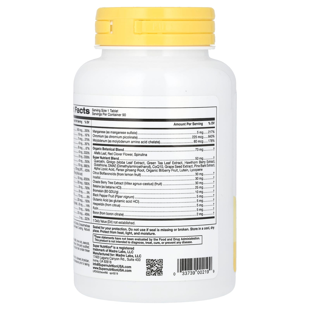 Super Nutrition, SimplyOne, мультивитамины и полезные травы для женщин, без железа, 90 таблеток