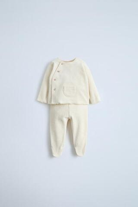 ZARA КОМПЛЕКТ ИЗ МАХРОВОГО ТОПА И ЛЕГИНСОВ, ЭКРЮ