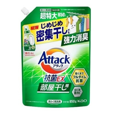Средство для стирки жидкое с антибактериальным эффектом при сушке белья в помещении с ароматом свежей зелени 850 г KAO Attack Antibacterial EX (мягкая упаковка)