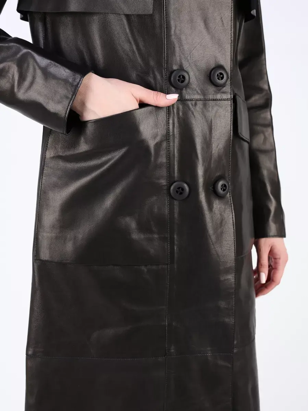 Кожаный тренч длинный с поясом плащ на осень