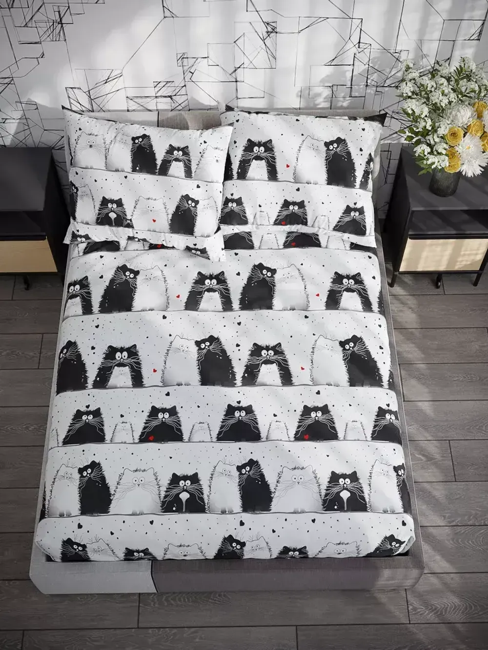 Постельное белье "Tomcat" 1,5-сп наволочка 50х70 1шт Простынь на резинке 90х200 см Пододеяльник 145х215 см Сказка сатин