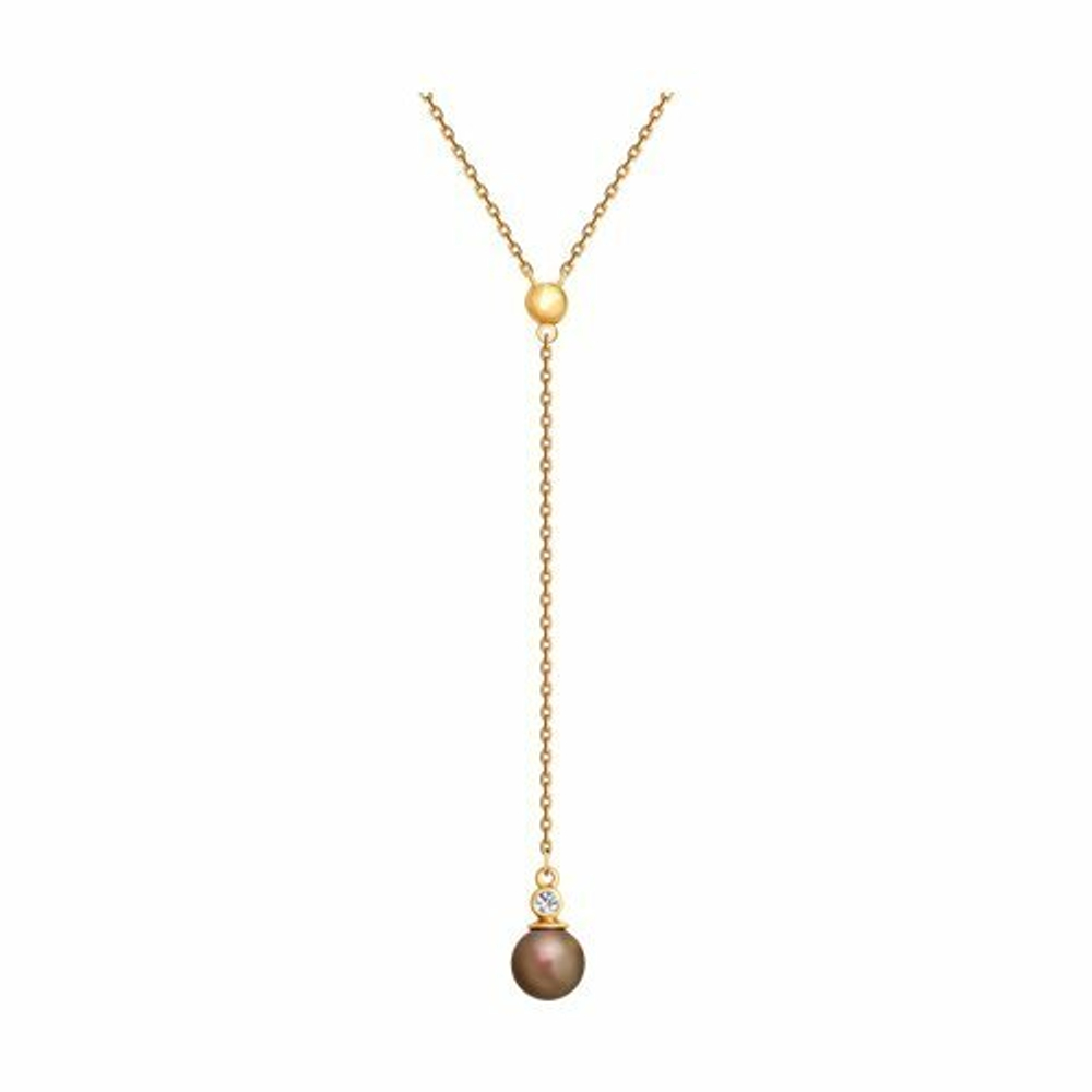 Колье из золочёного серебра с коричневым жемчугом Swarovski и фианитом